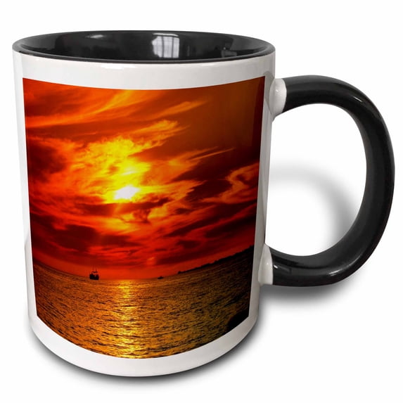 3drose, Large Boat Under Red and Yellow Florida Sunset, 11oz Two-tone Black Mug