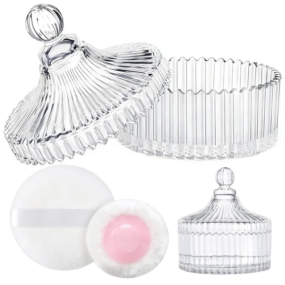 Large Body Powder Puff and Container, 2 Large Powder Puffs, Crystal Powder Container with 3.93" Puff for Baby Women, Dusting Powder Container with Puffs for Women, Bath, Home Use (4″ Pure)
