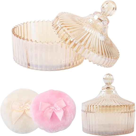 Large Body Powder Puff and Glass Container Amber