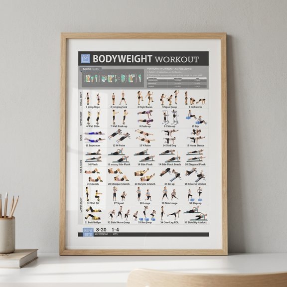 Large Bodyweight Fitness Poster, Workout Chart, Gym Wall Art, Exercise Guide, Home Gym Decor, Fitness Planner