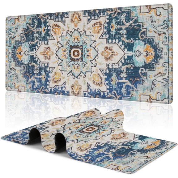 Large Bohemian Desk Mat Mouse Pad Rug Texture with Stitched Edge Non-Slip Base 31.5 x 15.7 Inch for Office Home Work Gaming WDQ-D10