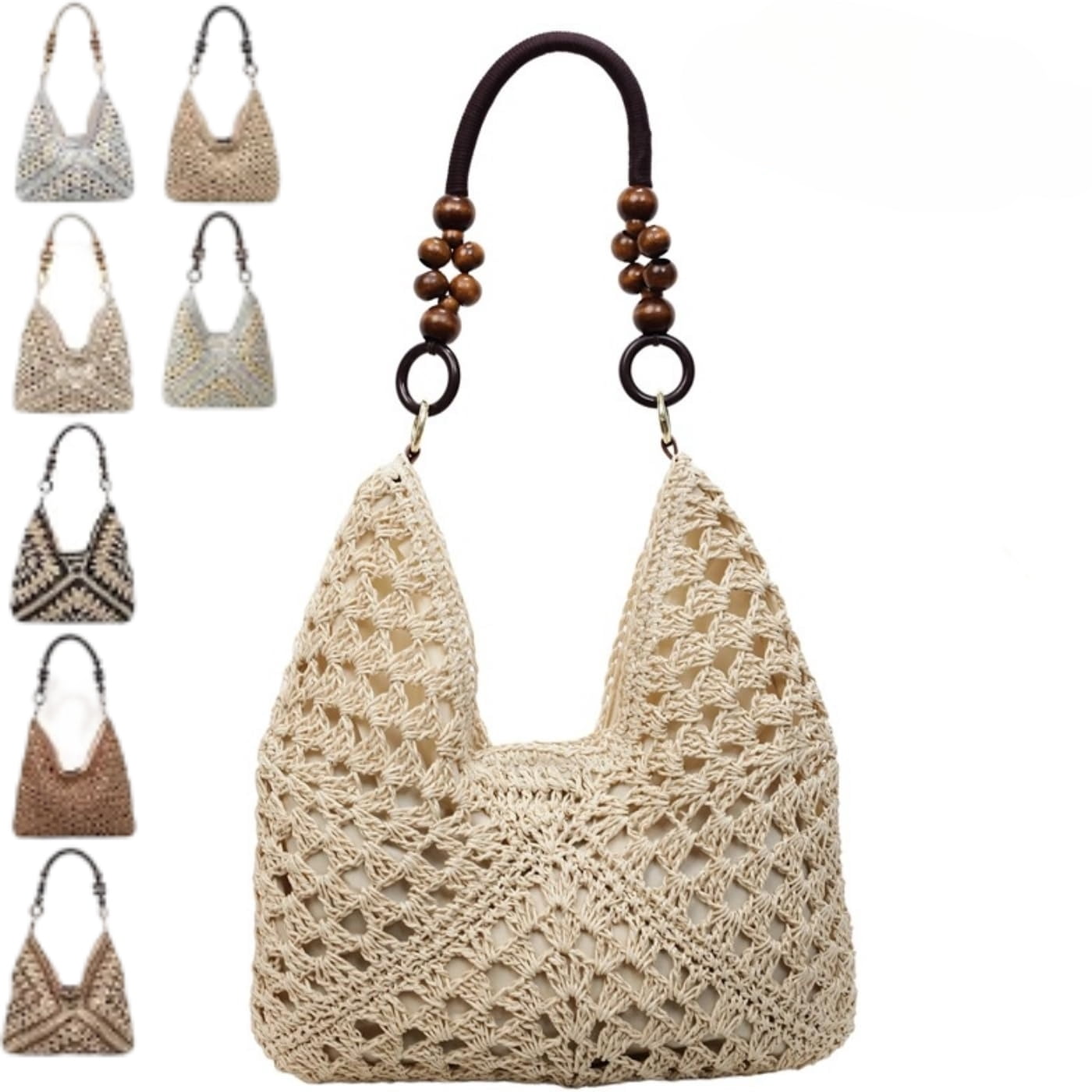 Large Bohemian Handmade Crochet Shoulder Bag – Women’s Summer Straw Woven Tote for Beach, Travel, Casual