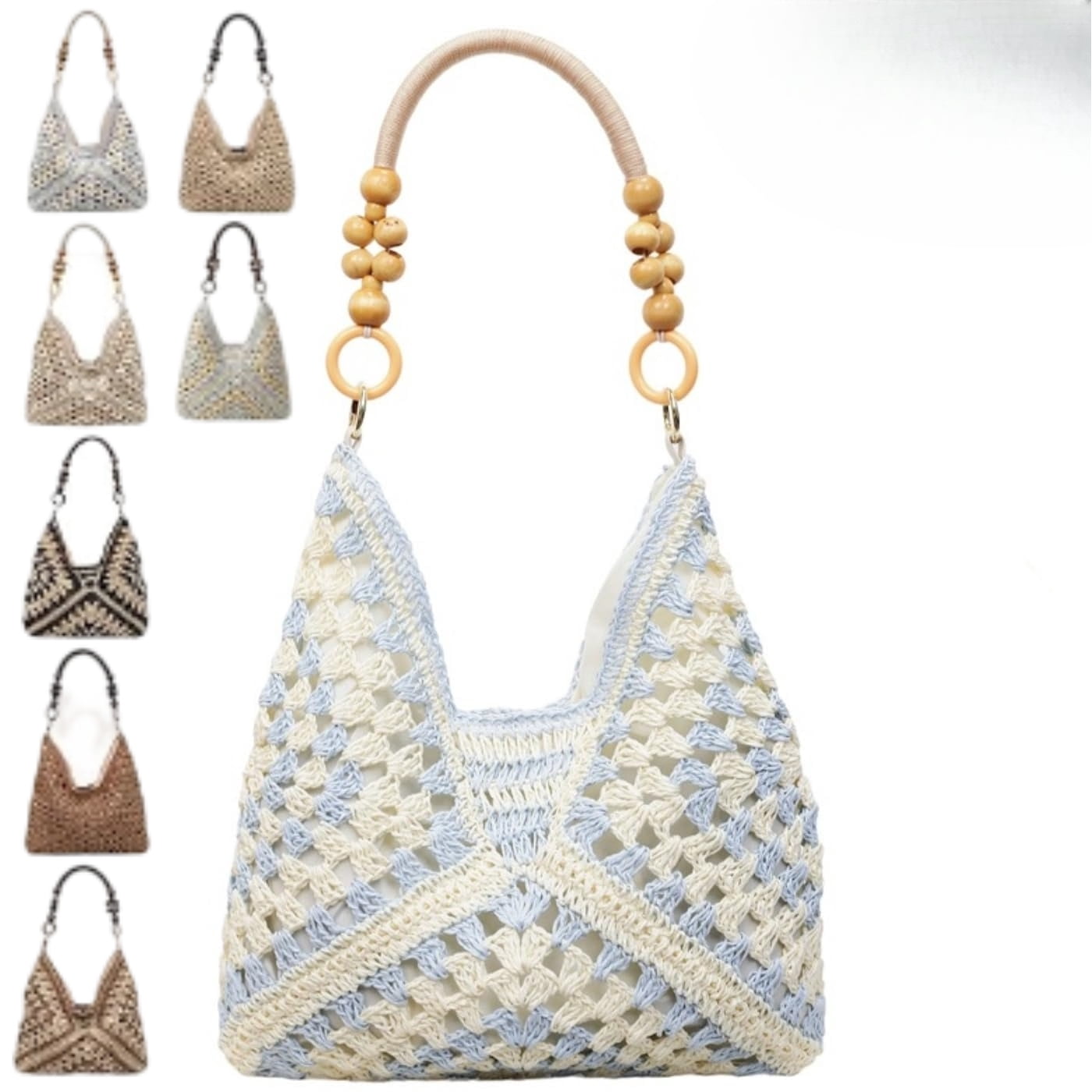 Large Bohemian Handmade Crochet Shoulder Bag – Women’s Summer Straw Woven Tote for Beach, Travel, Casual