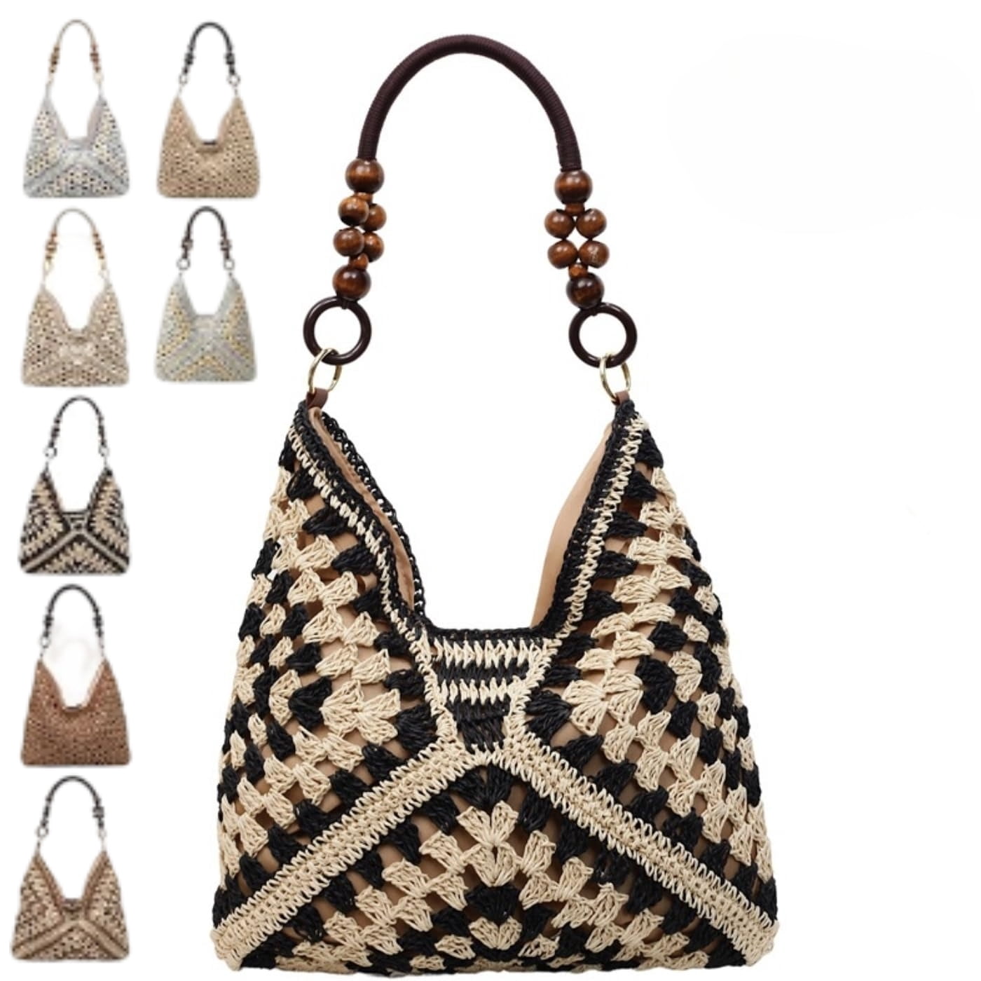 Large Bohemian Handmade Crochet Shoulder Bag – Women’s Summer Straw Woven Tote for Beach, Travel, Casual