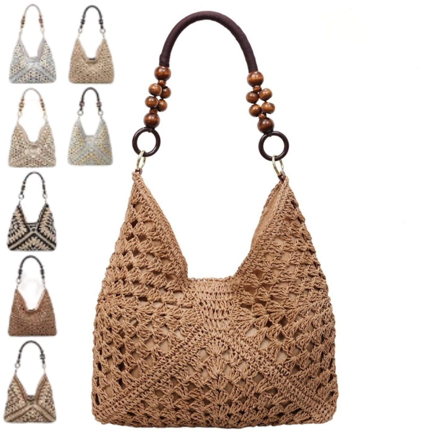 Large Bohemian Handmade Crochet Shoulder Bag – Women’s Summer Straw Woven Tote for Beach, Travel, Casual