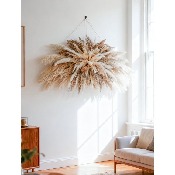 Large Boho Decor Pampas Grass Wall Decor (35~50inch) - Natural Dried Flower All-in-One Kit ,Easy Install, Perfect Decor for Living RoomWedding ArchEntrywayParty Decor