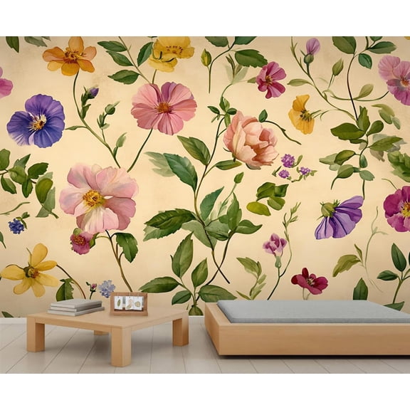 Large Boho Floral Wall Mural - Floral Botanical Wall Murals, Aesthetic Hd Photo For Living Room Bedroom, Flower Mural 98.4"W x 68.9"H (Not Peel and Stick)