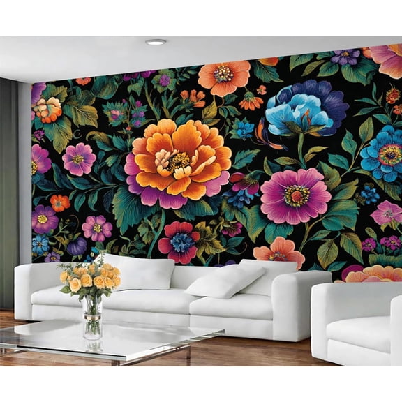 Large Boho Floral Wall Murals - Vibrant Blooms Murals, Seamless Peonies Wall Mural For TV Background, Floral Large Mural 55"W x 28"H (Not Peel and Stick)