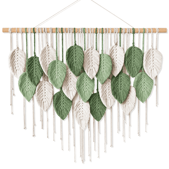 Large Boho Macrame Wall Hanging, Handmade Woven Leaf Tassel Macrame Tapestry, 39.4 x 31.5in Bohemian Chic Wall Art Decor for Bedroom Living Room Office, White Green