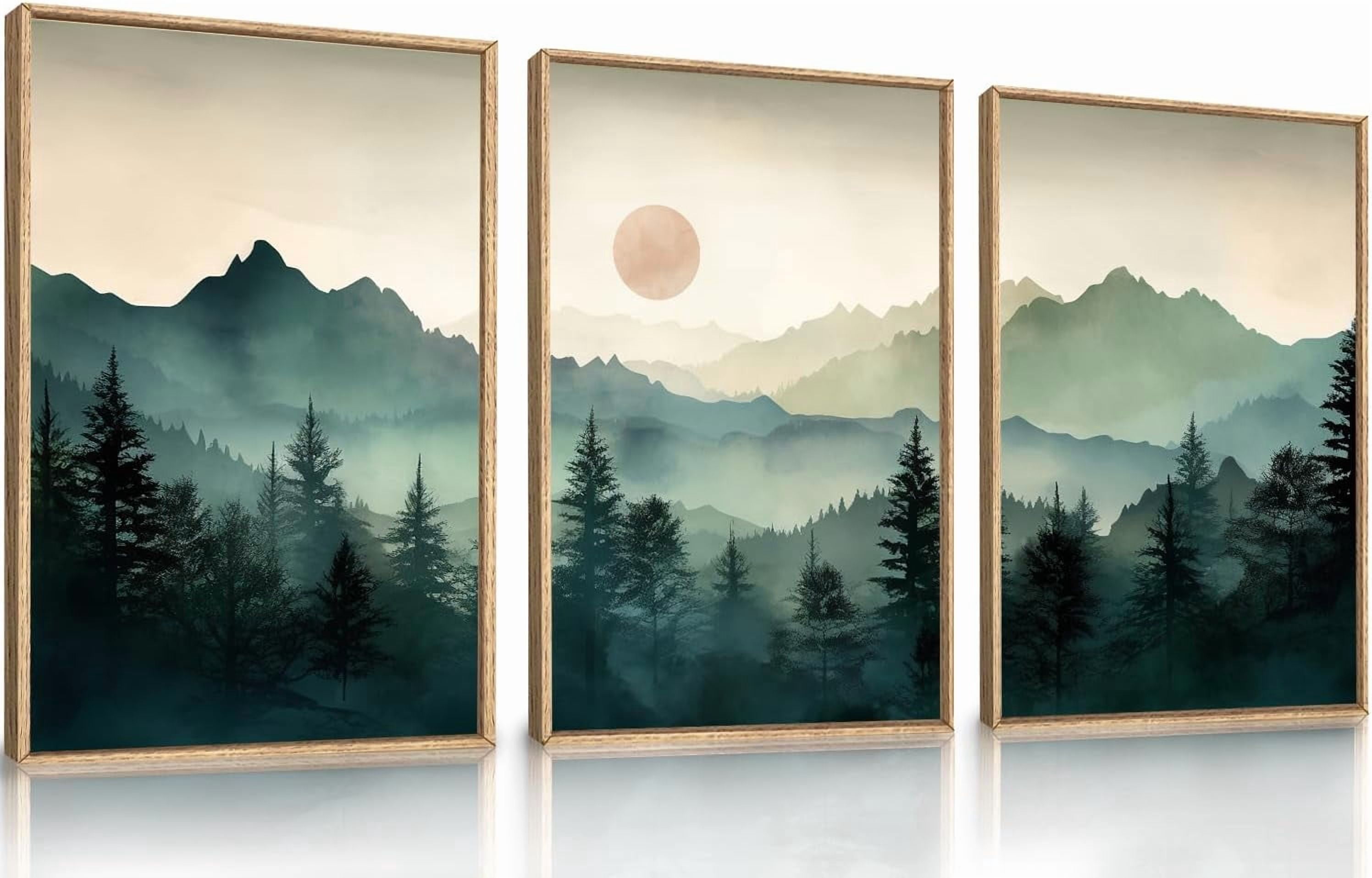 Large Boho Mountain Framed Wall Art Set,Watercolor Pine Tree Wall Painting,Abstract Foggy Green Forest Artwork,Modern Nature Sunrise Wall Decor for Living Room,Bedroom,Office-16 x24 x3