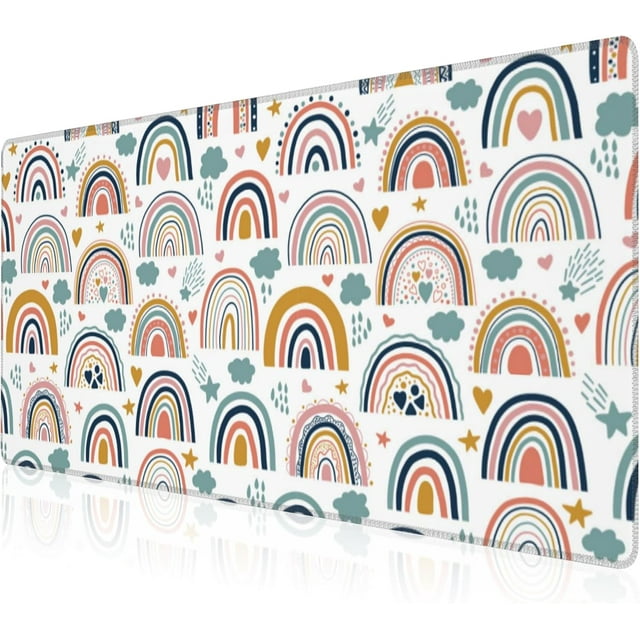 Large Boho Rainbow Desk Mat 31.5x15.7 inch Extended NonSlip Gaming Keyboard Mousepad Thick Stitched Edges Waterproof Mouse Mat Scandi Rainbow and Stars Clouds Design