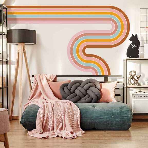 Large Boho Simple Line Geometric Wall Stickers 3D Colorful Rainbow Abstract Line Wall Decals Removable Peel and Stick Minimalist Aesthetic Poster Wall Decor for Bedroom Living Room Office Decoration
