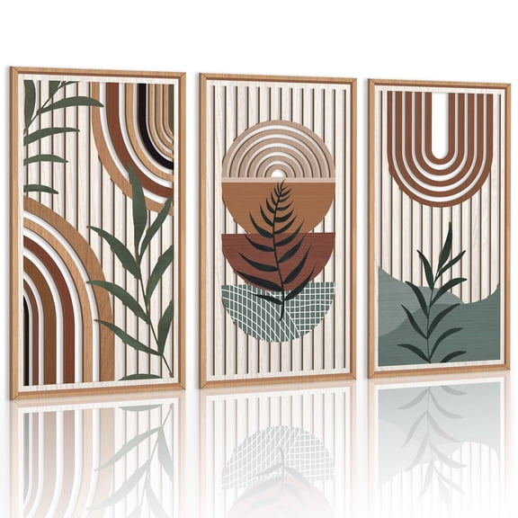 Large Boho Wall Art Set Of 3 Framed Mid Century Modern Wooden Wall Decor Abstract Geometric Wood Wall Sculptures For Living Room Bedroom 16"x 32"
