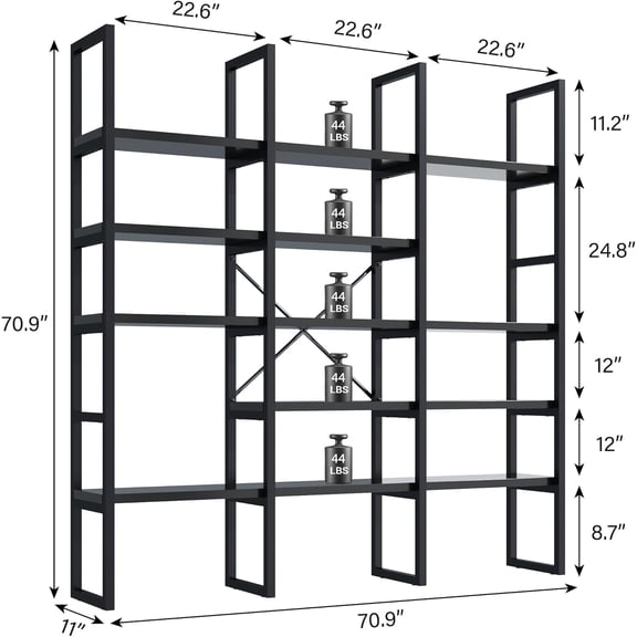 Large Bookshelf 5 Tiers Triple Wide Geometric Industrial Metal Frame Freestanding Display Shelving Unit for Home Office Living Room Bedroom Storage (Black)