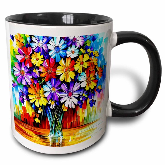 3drose, Large Bouquet of Flowers in a Glass Vase on an Old Wooden Table Gift, 15oz Two-tone Black Mug
