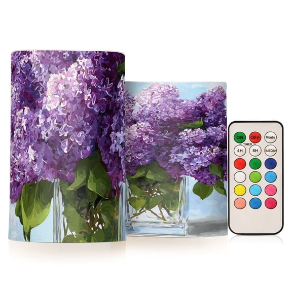 Large Bouquet Of Lilac in Glass Vase Flickering Flameless Candles Battery Operated with Remote Timer LED Pillar Candles Set of 2