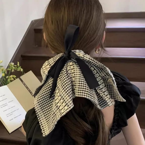 ‌Large Bow Hair Scrunchie - Plaid Ballet Style Ponytail Holder for Women
