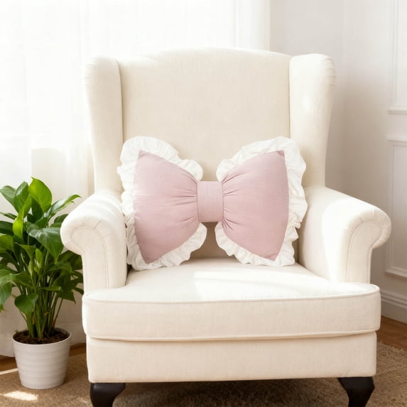 Large Bow Throw Pillow Decoration, Comfortable Soft Lace-Trimmed Bow Pillow Ornament, Decorative Bowknot Throw Pillow Cushion for Home Office Supplies, Bow Lace Pillow, 40x32cm