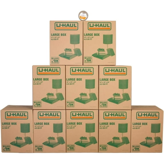 U-Haul Large Moving Boxes - Pack of 10 Boxes - 18” x 18” x 24”- Bonus Roll of Tape Included