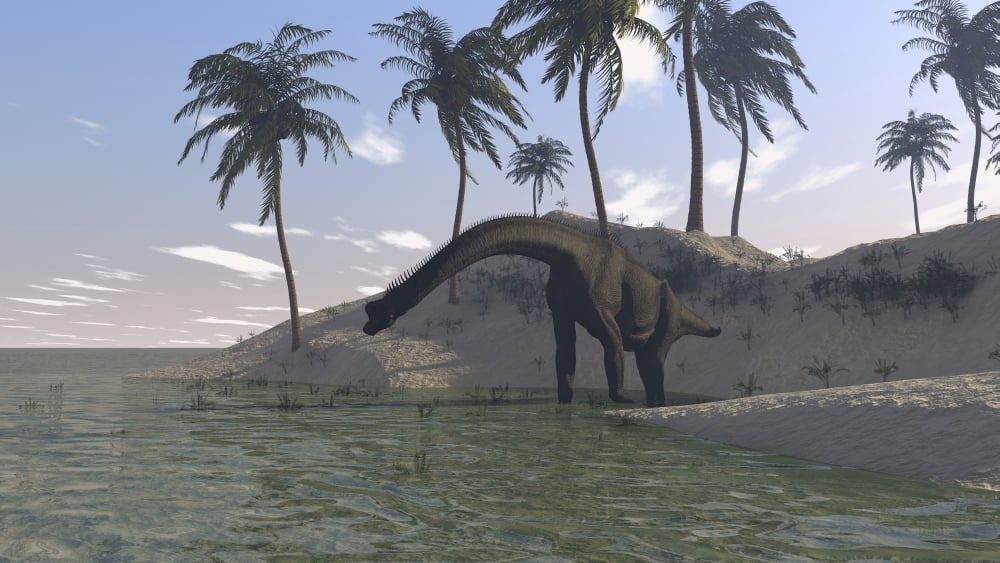 Large Brachiosaurus grazing at the waters edge Canvas Art - Kostyantyn IvanyshenStocktrek Images (38 x 22)