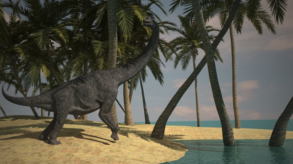 Large Brachiosaurus grazing at the waters edge Canvas Art - Kostyantyn IvanyshenStocktrek Images (38 x 22)