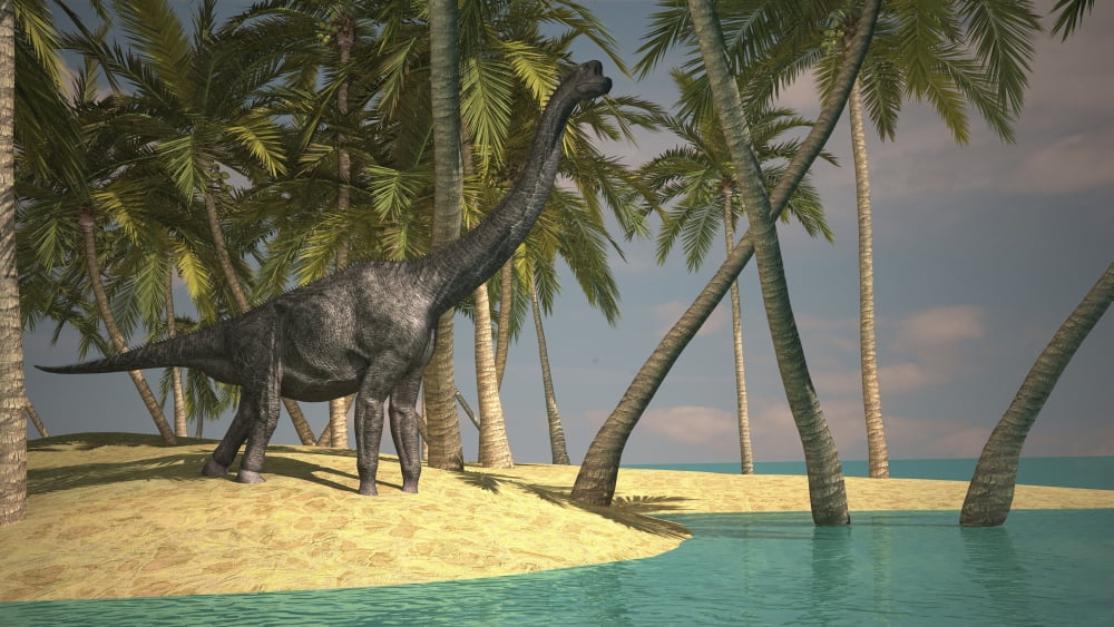 Large Brachiosaurus grazing at the waters edge Canvas Art - Kostyantyn IvanyshenStocktrek Images (38 x 22)