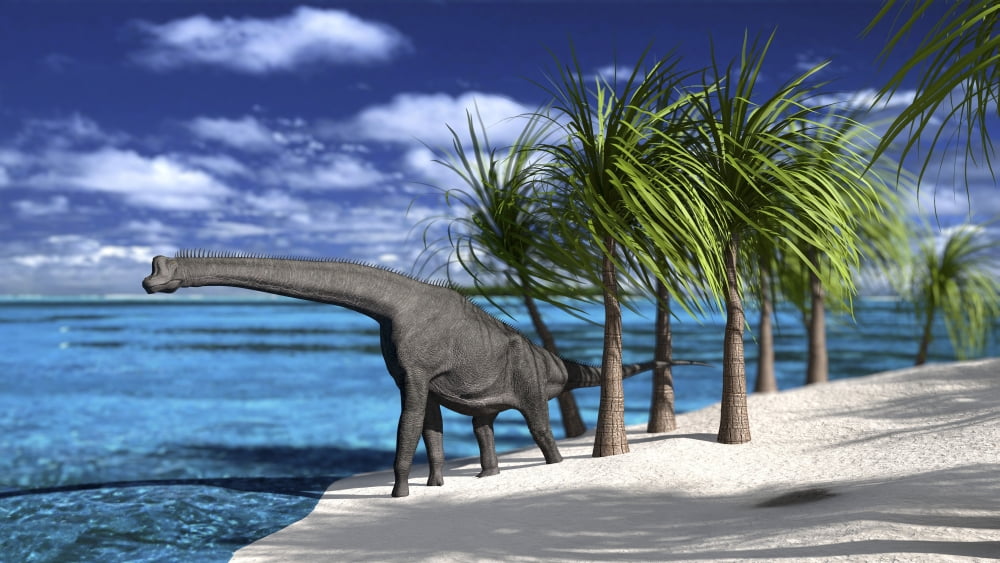 Large Brachiosaurus on the shoreline Canvas Art - Kostyantyn IvanyshenStocktrek Images (38 x 22)
