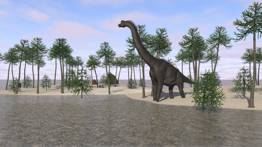 Large Brachiosaurus standing at the waters edge Canvas Art - Kostyantyn IvanyshenStocktrek Images (38 x 22)