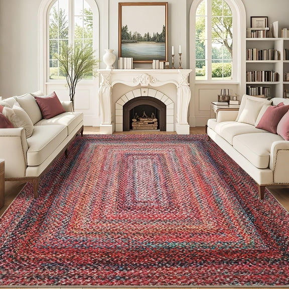 Large Braided Print Area Rugs Washable, 9x12ft Non-Slip Backing & Super Soft Pearl Velvet Low Pile Indoor Carpet for Living Room, Bedroom, Hallway