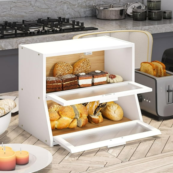 Large Bread Box Double Layer Bamboo Bread Box for Kitchen Counter Container Farmhouse Bread Box Bread Holder Capacity Bread Storage Bin(Natural)