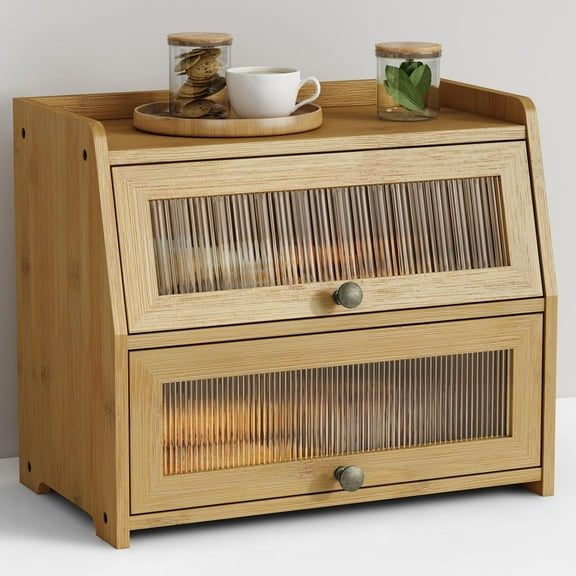 Large Bread Box for Kitchen Countertop, Double Layer Breadbox for Homemade Loaf Bread, Farmhouse Bread Storage Container Bin for Kitchen Counter Pantry Cupboard (Natural Bamboo)