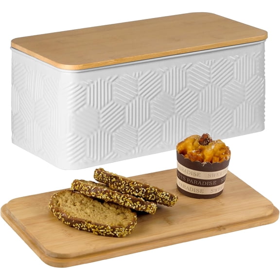 Large Bread Box for Kitchen Countertop Corner Breadbox for Homemade Bread Metal White Hexagon Stripe Pattern Embossed Bread Storage Container Bin with Bamboo Lid