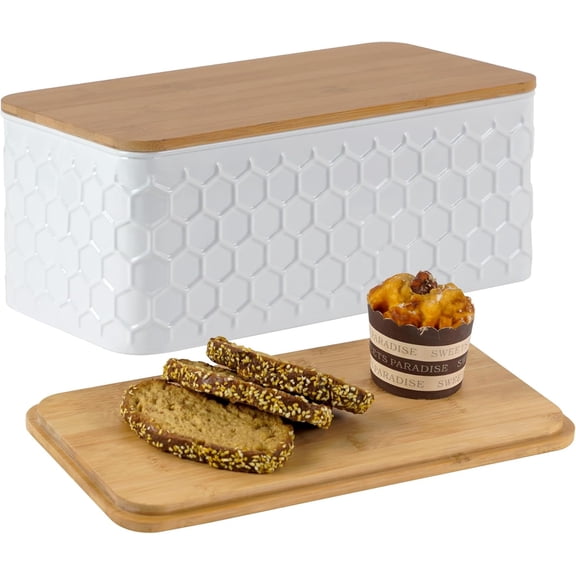 Large Bread Box for Kitchen Countertop Corner Breadbox for Homemade Bread Metal White Honeycomb Pattern Embossed Bread Storage Container Bin with Bamboo Lid