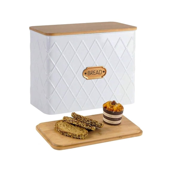 Large Bread Box Kitchen Countertop Corner Breadbox Homemade Bread Metal White Vertical Stripe Pattern Embossed Storage Container Bin With Lid Fits 2 Loaves Of Bread