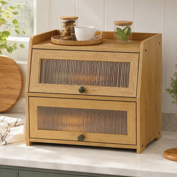 Large Bread Box for Kitchen Countertop, Double Layer Bread Storage Container Bin for Homemade Loaf, Farmhouse Kitchen Pantry Cupboard (Natural Bamboo)
