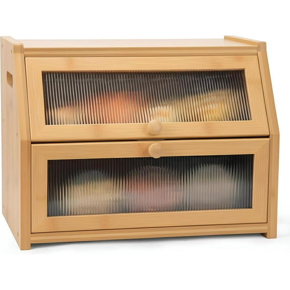 Large Bread Box for Kitchen Countertop, Wooden Bread Bin with Double Layer Storage and 0.6-inch Thick Natural Wood Panels, Rustic Bread Box Organizer for Kitchen (Natural Wood)
