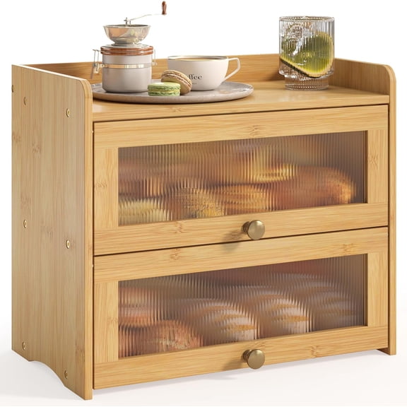 Large Bread Box for Kitchen Countertop Wooden Double Layer Breadbox Organizer with Window Vintage Farmhouse Bread Storage Container for Homemade Bread (Natural Bamboo)