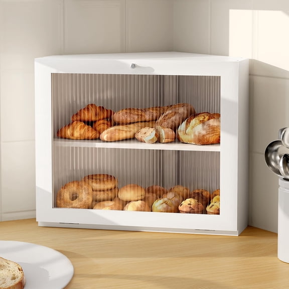 Large Bread Box for Kitchen Counter, Corner Wooden Large Capacity Bread Storage with Glass Lid, White