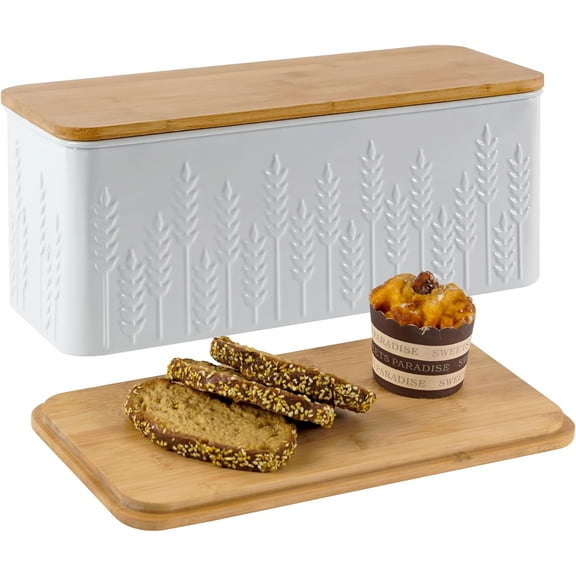 Large Bread Box for Kitchen Countertop Corner Breadbox Homemade Metal White Ear of Wheat Pattern Embossed Storage Container Bin with Bamboo Lid