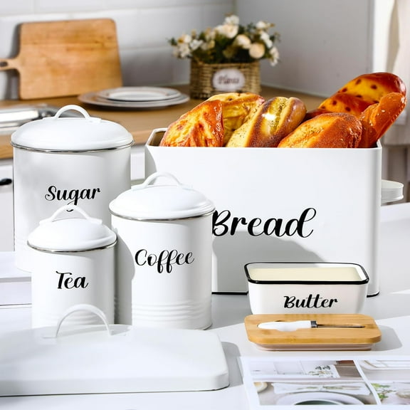 Large Bread Box with Metal Canisters and Ceramic Butter Dish, Airtight Rustic Kitchen Storage Set for Sugar, Coffee, Tea (White)
