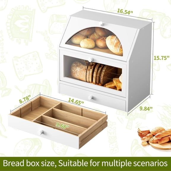 Large Bread Box with Transparent Door and Silverware Drawer for Kitchen Countertop Storage