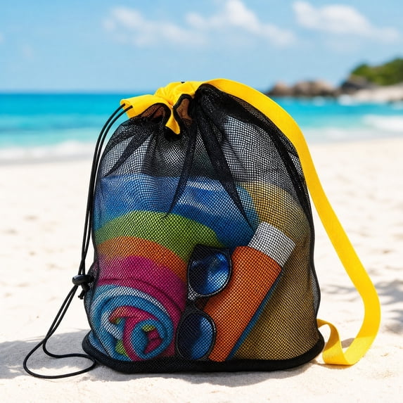 Large Breathable Mesh Drawstring Beach Bag Sandproof Pool Toy Storage Tote with Shoulder Strap Portable Swim Wet Clothes Shells Carrier