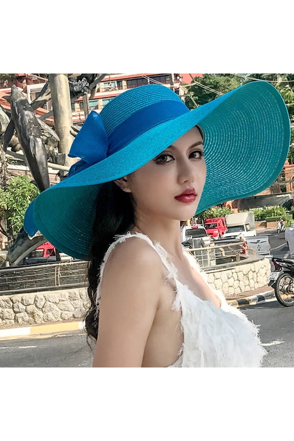 Large Brim Floppy Sun Hat with Decorative Bow, Elegant Summer Hat for Beach, Poolside and Outdoor UV Protection Blue