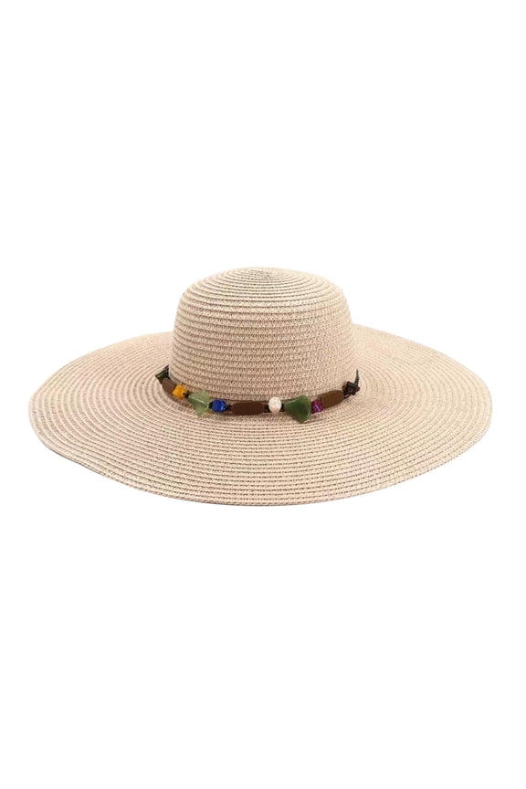 Large Brim Straw Sun Hat,Korean Beach Cap,Colored Stone Decorative Hat,Summer Large Brim Straw Sun Hat Elegant Colored Stone Decoration Breathable Foldable Sunshade Headwear for Beach Outdoor,Pink