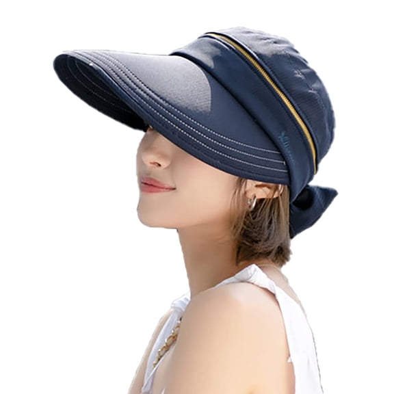 Large Brim Sun Hats for Women, Sun Protection Hat, 2 in 1 Removable Wide Brim Zip-Off Beach Hat Bow Decors Open Top Summer Sun Protections Visors Hat, Black