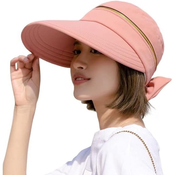 Large Brim Sun Hats for Women, Sun Protection Hat, 2 in 1 Removable Wide Brim Zip-Off Beach Hat Bow Decors Open Top Summer Sun Protections Visors Hat, Orange