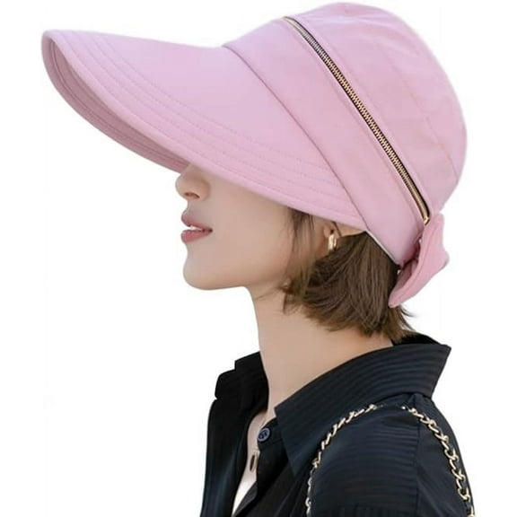 Large Brim Sun Hats for Women, Sun Protection Hat, 2 in 1 Removable Wide Brim Zip-Off Beach Hat Bow Decors Open Top Summer Sun Protections Visors Hat, Pink