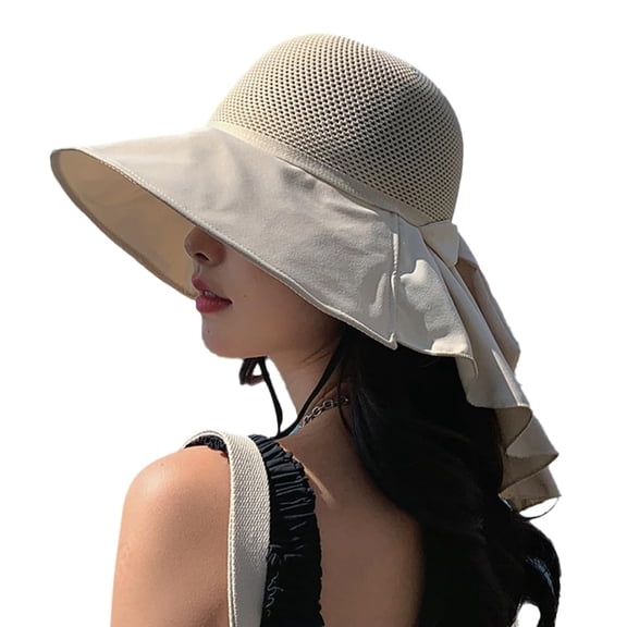Large Brim Sun Hats for Women, UV Protection UPF 50  Outdoor Travel Foldable Wide Brim off Cap, Summer Beach Cap with Neck Flap, Beach Bow Decors Summer Visors Hat, Beige