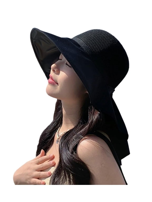 Large Brim Sun Hats for Women, UV Protection UPF 50+ Outdoor Travel Foldable Wide Brim off Cap, Summer Beach Cap with Neck Flap, Beach Bow Decors Summer Visors Hat, Black