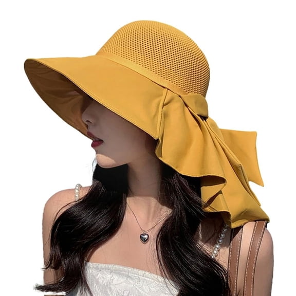 Large Brim Sun Hats for Women, UV Protection UPF 50  Outdoor Travel Foldable Wide Brim off Cap, Summer Beach Cap with Neck Flap, Beach Bow Decors Summer Visors Hat, Yellow